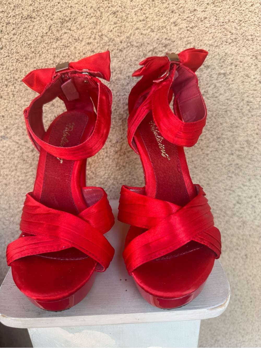 Fabulicious Cocktail Red Satin Crisscross Ankle Strap Platform